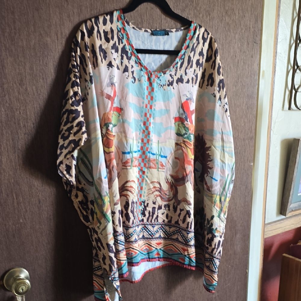 Boho V-Neck Printed Blouse in Aqua and Beige